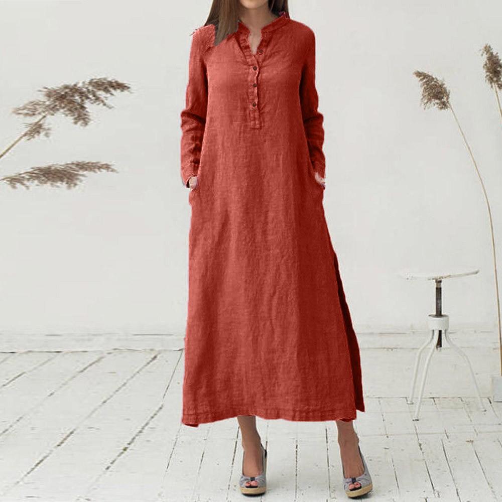 Damen Maxikleid mit langen Ärmeln, lässig, locker, mit Taschen, elegantes Leinenkleid mit V-Ausschnitt und Knöpfen