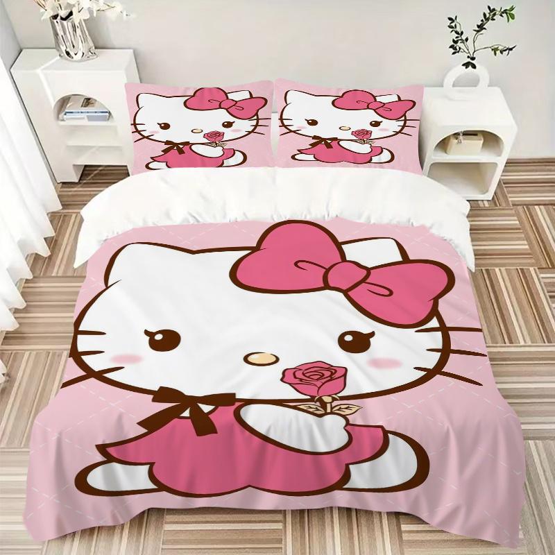 3pcs Rose Hello Kitty Sanrio Quilt Set Cartoon Themed Bed Quilt Set Lovely Character Bedroom Decor Bed Quilt Set Four Seasons (1 Cover + 2Pillowc