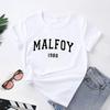Fashionable retro letter Malfoy printed short sleeved Womens round neck short sleeved daily versatile Tshirt