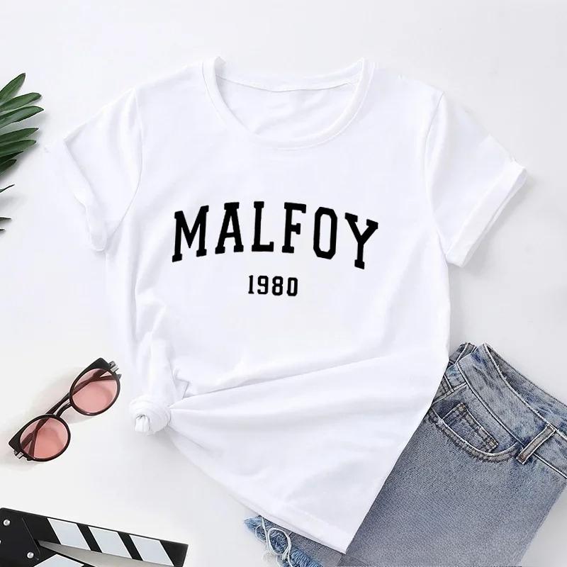 Fashionable retro letter Malfoy printed short sleeved Womens round neck short sleeved daily versatile Tshirt