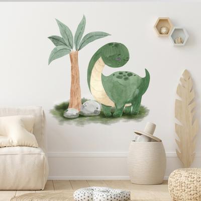 Adesivo Murale Dinosauro Carino Cartone Animato Dino Palma Tropicale Decalcomanie Murali Stacca E Incolla Arte Murale Dino per Bambini Ragazzi Cameretta Stanza dei Giochi Aula