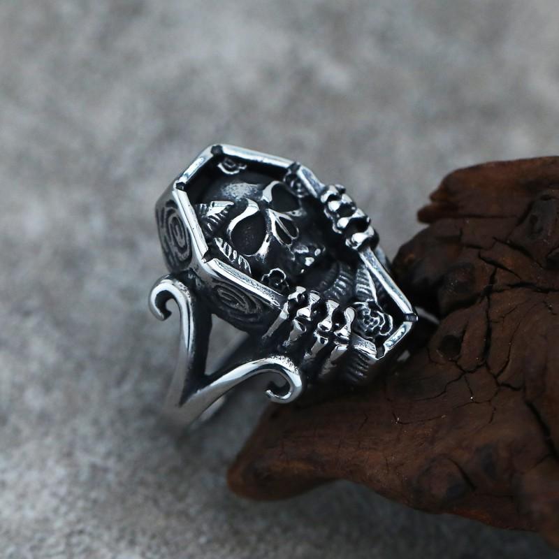 Adjustable Skull Coffin Ring In Antique Sterling Punk Gothic Unisex Jewelry