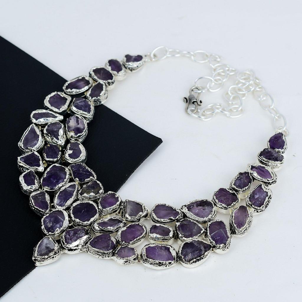 Dainty Raw Amethyst Gemstone Handmade 925 Sterling Silver Electroform Necklace, Raw Amethyst Silver Necklace For Wife, Unisex Necklace Easter Gift