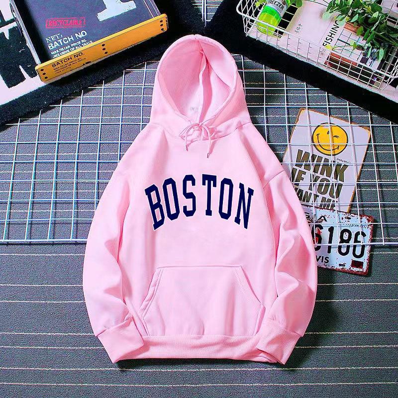 Women's Hooded Long Sleeve Sweatshirt Loose Fit Lazy Style Boston Letter Print Pullover Hoodie Vintage Autumn Winter Warm Outerwear