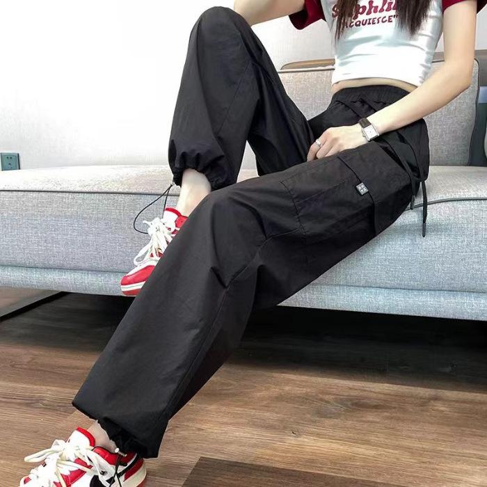 Women s High Waist Cargo Pants Wide Leg Trousers Casual Solid Color Non Stretch Summer Drawstring Streetwear Bottoms S
