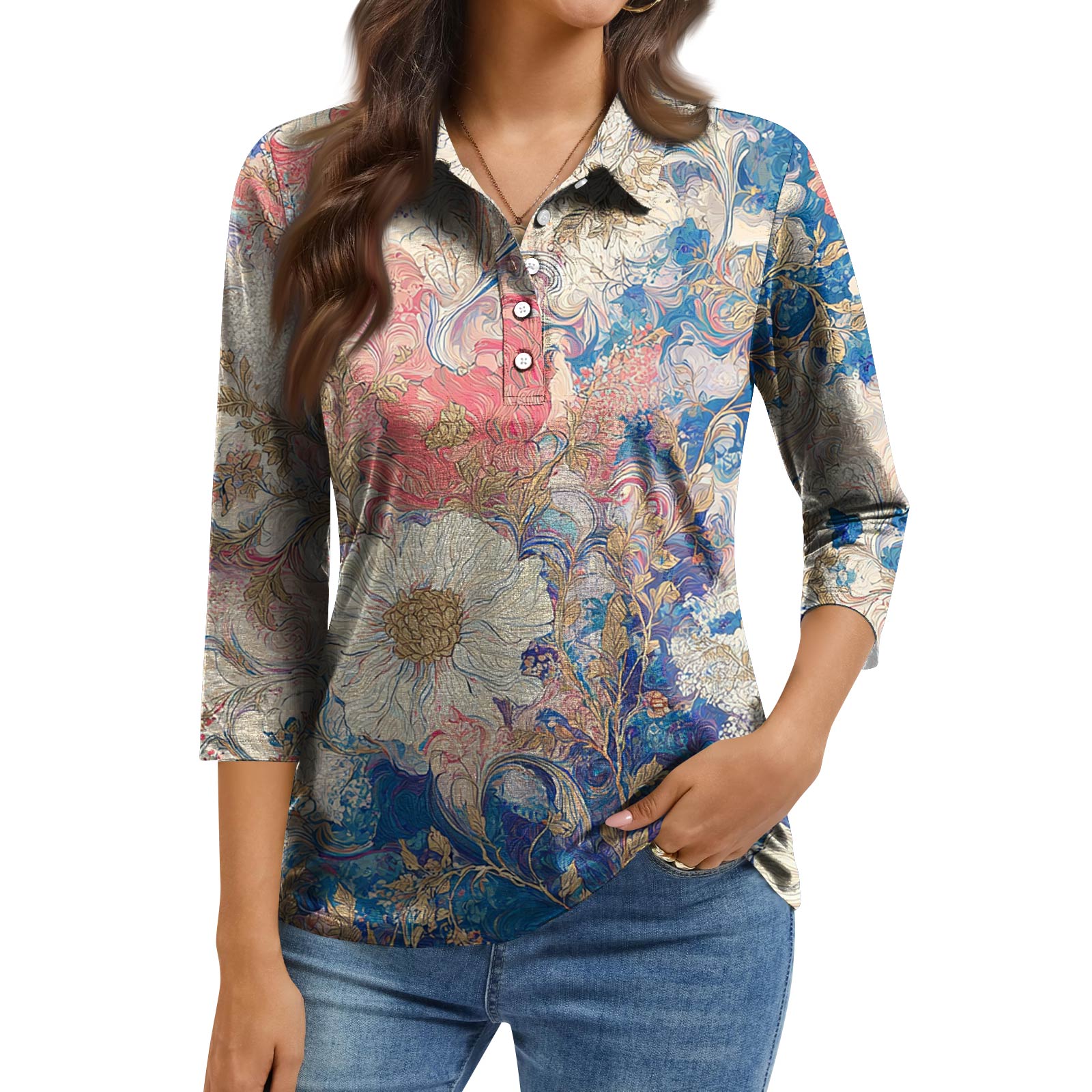 

Women s Fashion Casual Lapel Short 3/4 Sleeve Print Shirt Women s Button Up Tops XL небо синє кольору