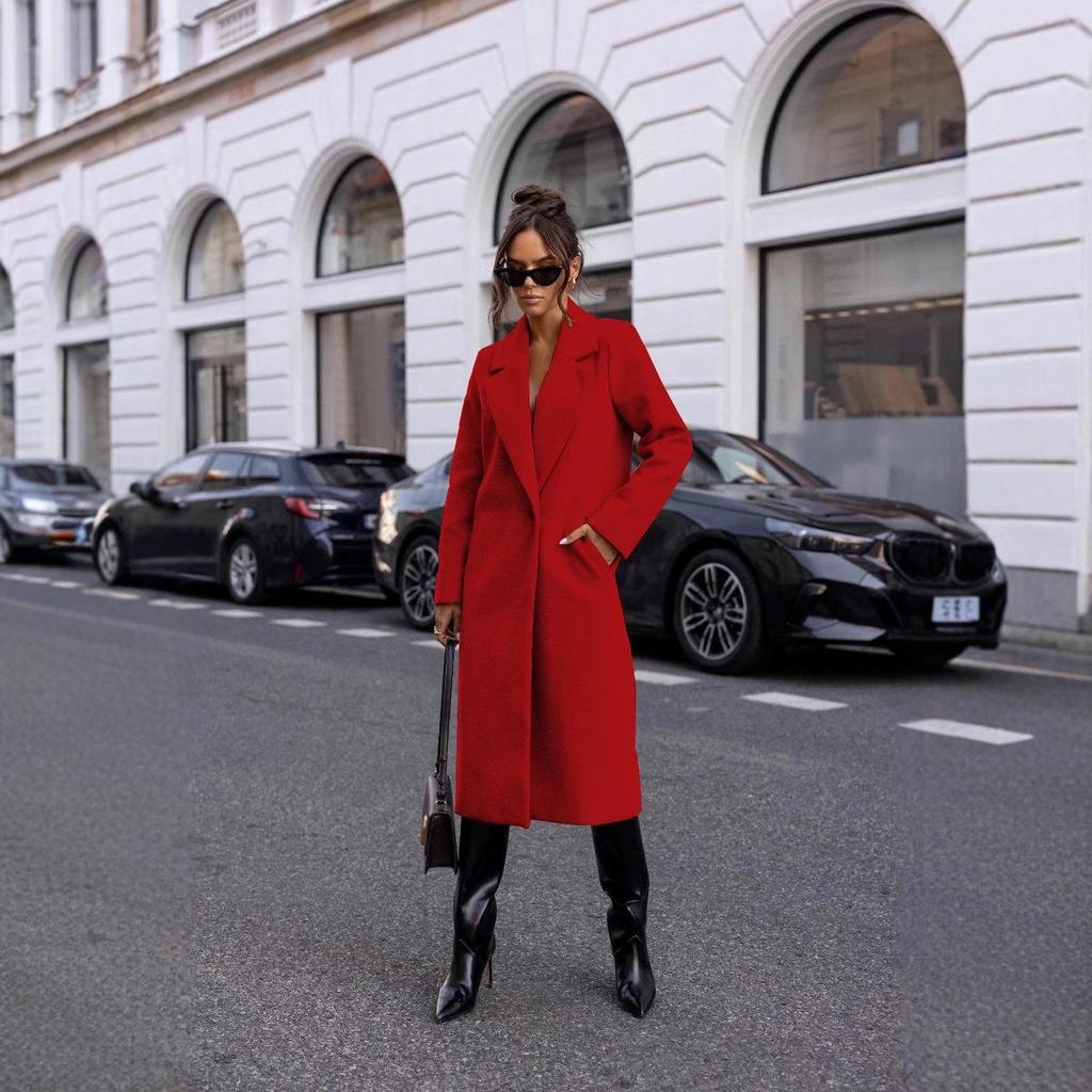 2024 Bestseller Women's Winter Simple Solid Long Sleeve Mid-Length Wool Coat