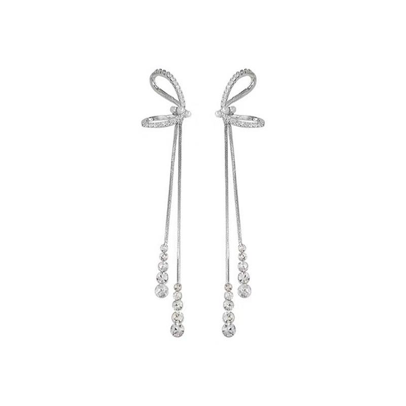 Elegant Bow Knot Pearl Tassel Earrings Long Dangle Drop Lightweight Jewelry for Women and Girls Fashion Accessories серебряный