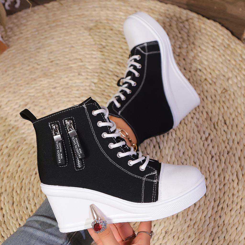 Wedge Side Zipper Increased High Breathable Sneakers 2025 New Women Lace-Up Platform Outdoor Wedge Invisible Heel Canvas Shoes