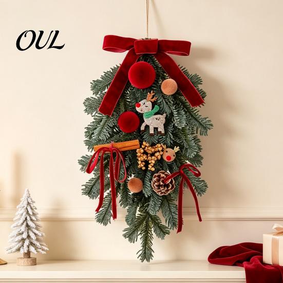 Handmade Wreath for Balcony Christmas Artificial Garland with Pinecones Cinnamon And Red Bows, Decorative Hanging Rustic Pinecone Pendants Winter