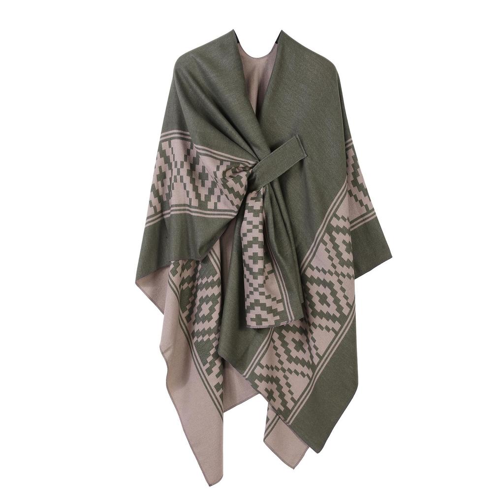Women's European & American Double-Sided Solid Color Cape Shawl with Striped Edge