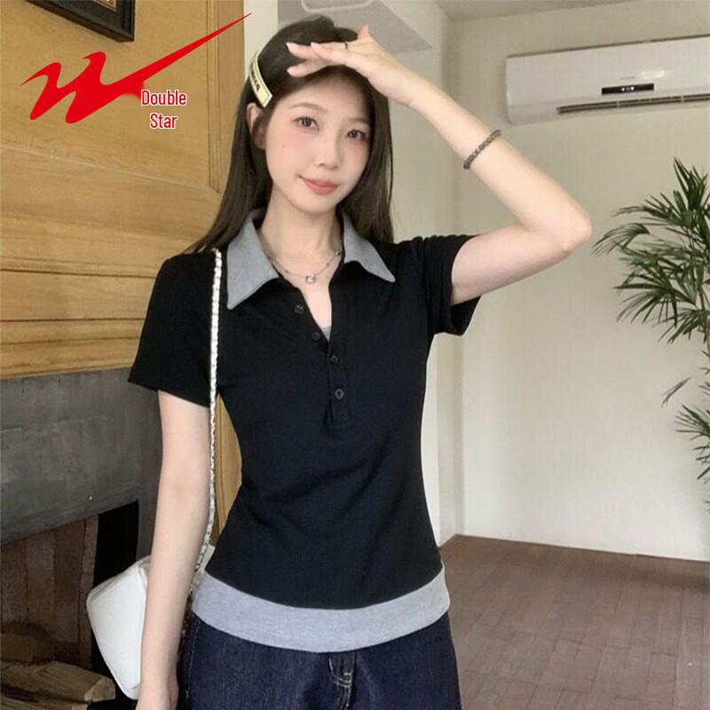 Women s American Style Faux Two-Piece Polo T-Shirt L