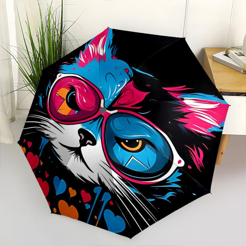 1pc Creative Glasses Cat Automatic Open/Close Umbrella, Portable Compact Umbrella for Men & Women A031