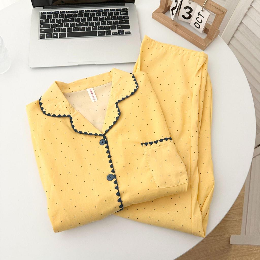 Yellow Plaid Shell-Edged Cloud Cotton Pajama Set for Women - Long Sleeve, Spring/Autumn Homewear with High-End Feel.