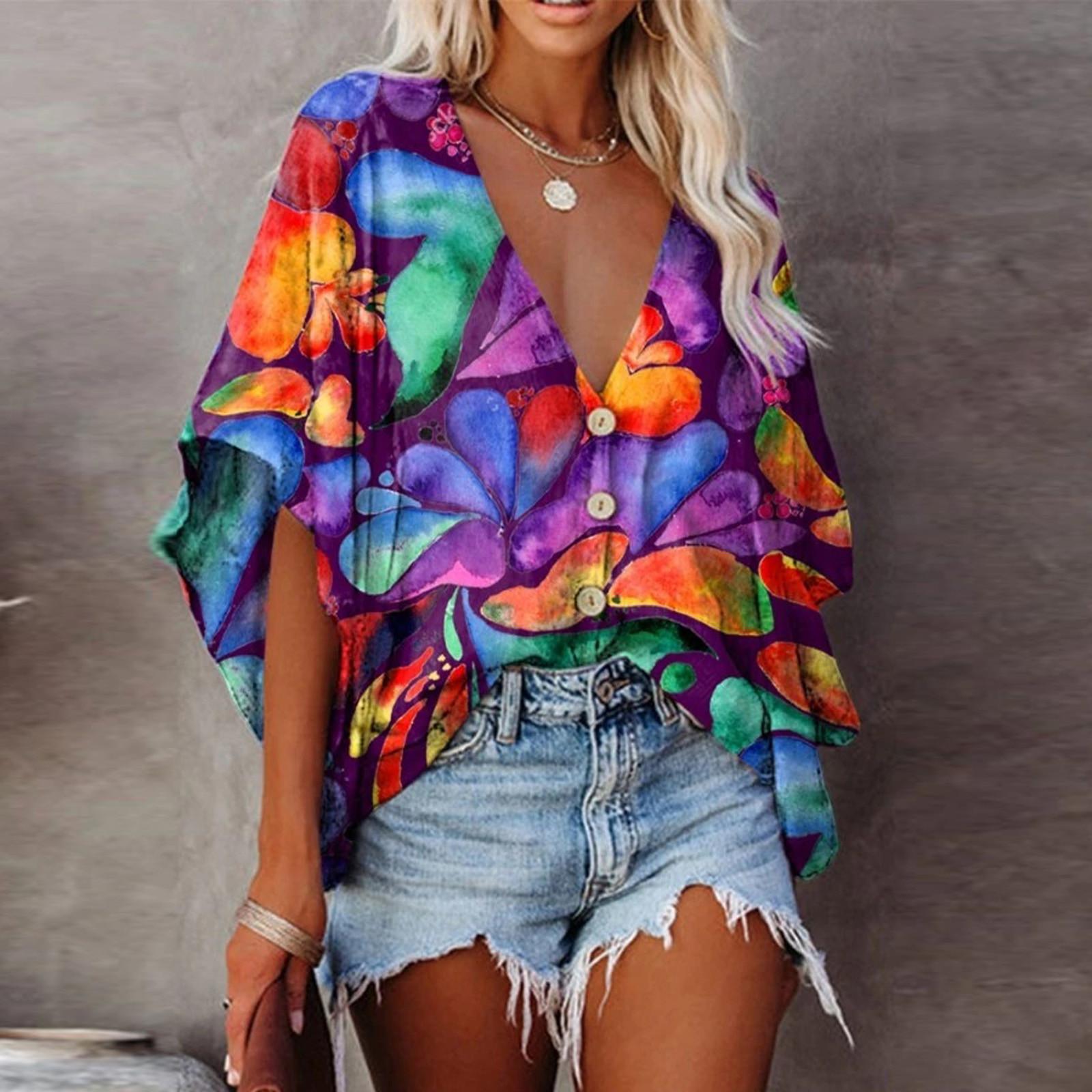 

Женская повседневная рубашка с v-образным вырезом и цифровой печатью, блузка с рукавами, свободные топы M фиолетовый