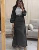 Women's Olive Green Lantern Sleeve Long Coat with High Waist Tie Belt Skirt Set
