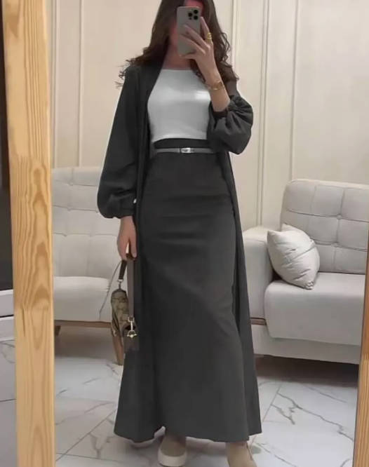 Women's Olive Green Lantern Sleeve Long Coat with High Waist Tie Belt Skirt Set