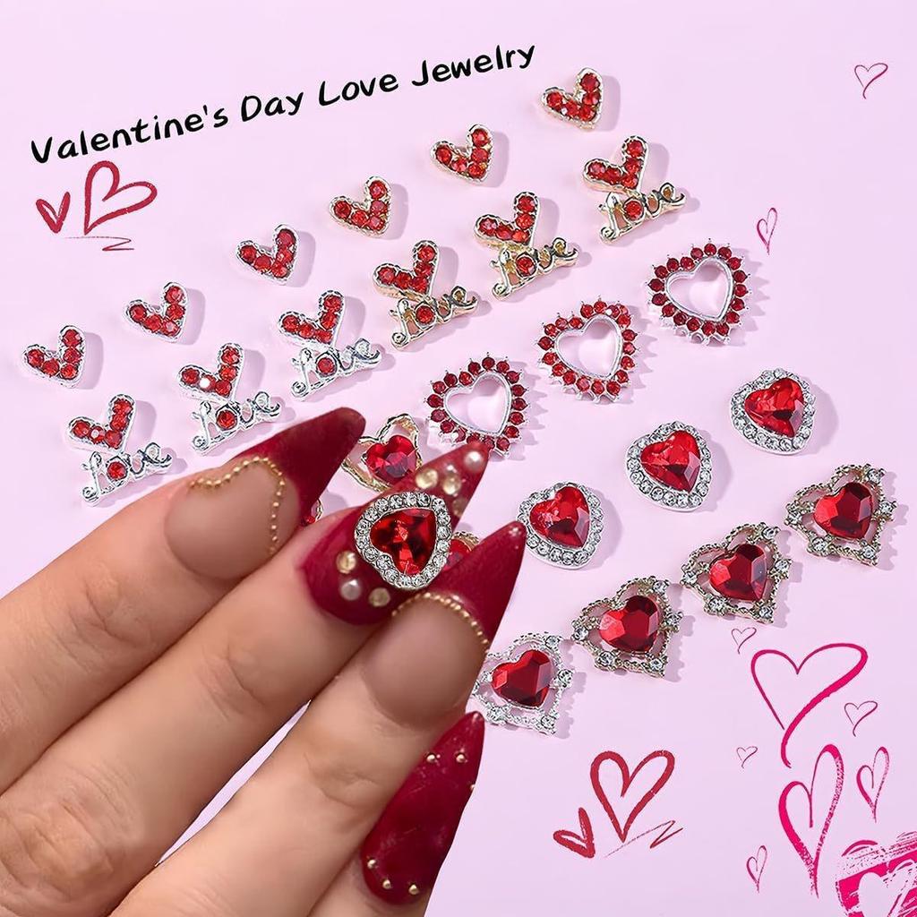 Valentine's Day 520 Nail Art: Heart-Shaped Rhinestone Red & Pink Accessories.