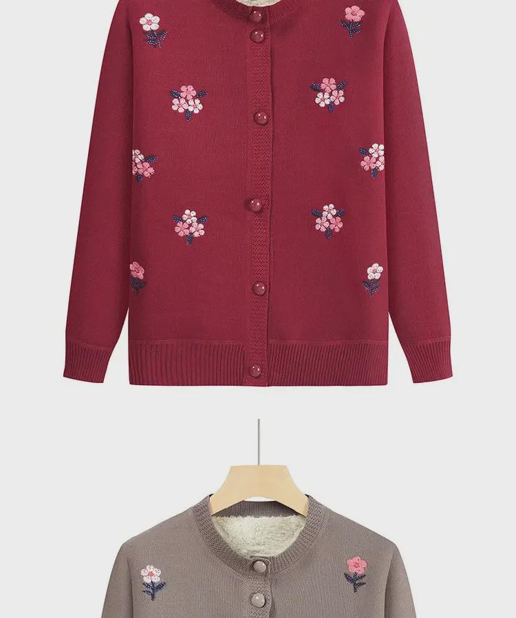 Middelaldrende og eldre kvinners strikkede cardigan med plussfløyel - Høst/vinter genser med rund hals