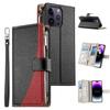 For iPhone 14 Pro Max Case Zipper Pocket Wallet Color Splicing Leather Flip Phone Cover with Straps