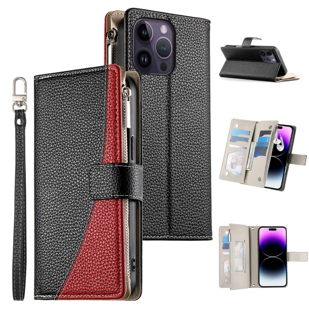 For iPhone 14 Pro Max Case Zipper Pocket Wallet Color Splicing Leather Flip Phone Cover with Straps