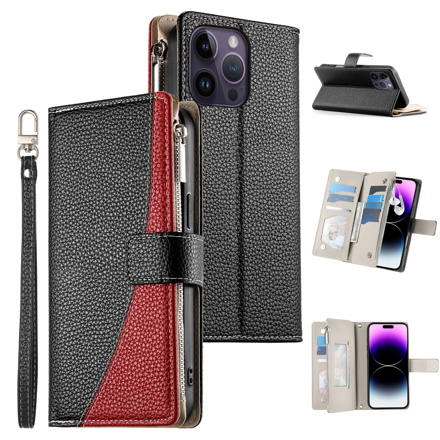 

For iPhone 14 Pro Max Case Zipper Pocket Wallet Color Splicing Leather Flip Phone Cover with Straps Black