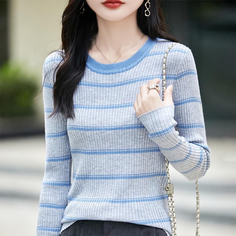 

Женский французский полосатый трикотаж с цветными блоками: Базовый свитер с длинным рукавом приталенного силуэта в корейском стиле Double XL