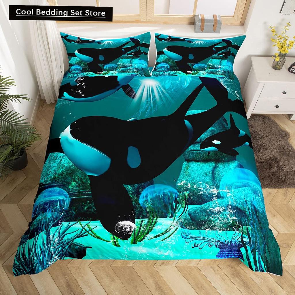 Whales King Queen Duvet Cover Ocean Animal Bedding Set Seaweed Starfish Marine Life Quilt Cover Blue Polyester Comforter Cover