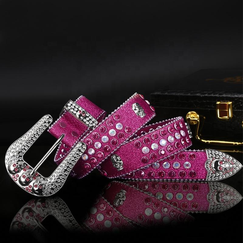 Western Leather Belt With Rhinestone BB SIMON CrystalBelt Buckle Cotton OEM Customized Pcs Color