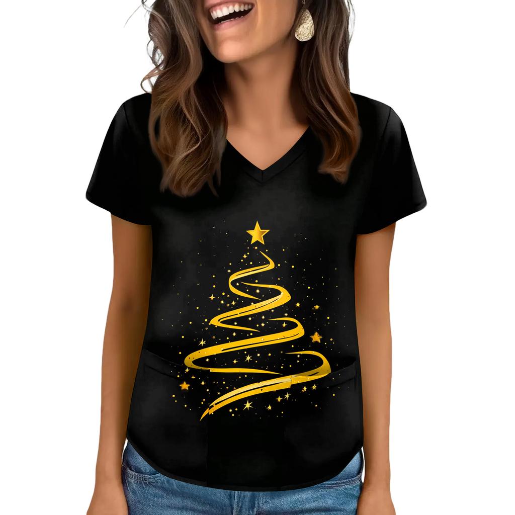 Women's V-neck Christmas Print Short-sleeved Pocket Side Slit Uniform Top