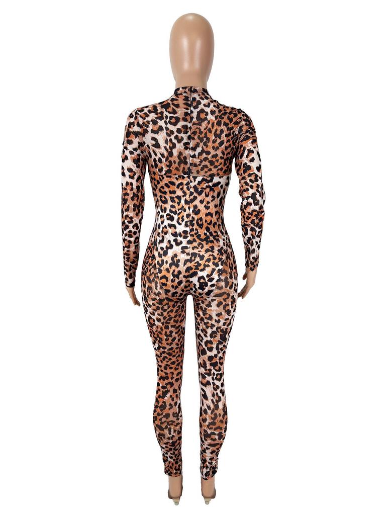 Sexy Leopard Print Mesh Bodycon Jumpsuit for Women