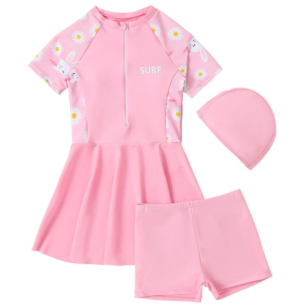 Girls' 2025 Slimming One-Piece Skirt Swimsuit: Cute, Quick-Dry, Three-Piece Student Swimwear