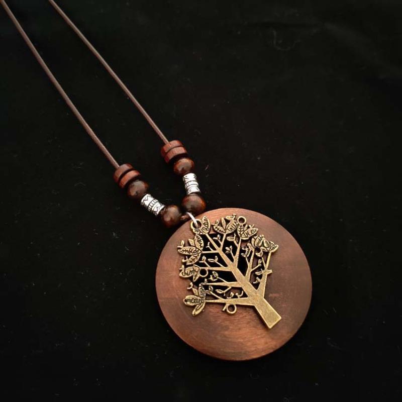 Retro Cotton and Linen Accessories Ethnic Style Wooden Long Women's Sweater Chain Alloy Leaf Necklace