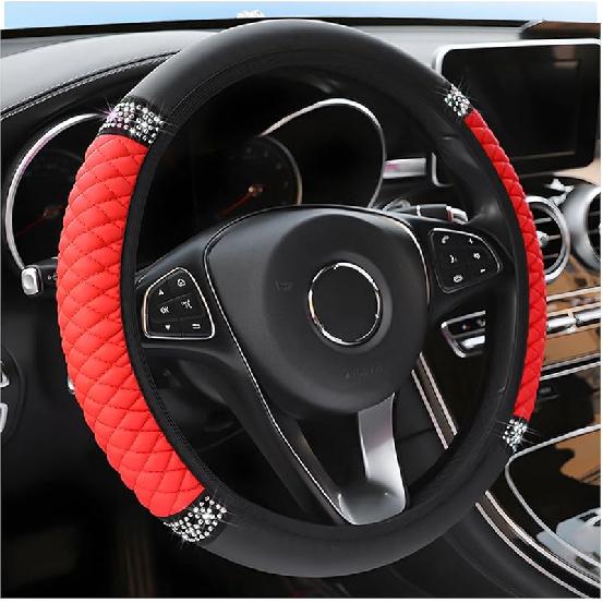 Bling Car Steering Wheel Cover, 15 Inch Rhinestones Soft Leather Elastic Steering Wheel Protector, Sparkly Crystal Diamond For Women Girls, Car