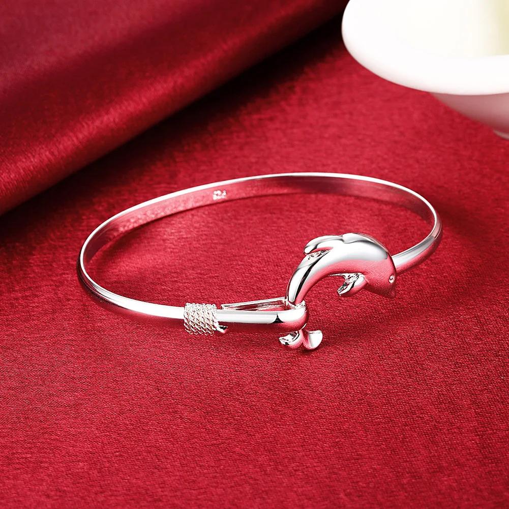 925 Sterling Silver Bracelets for Women Fine Cute Dolphin Bangle Adjustable Jewelry
