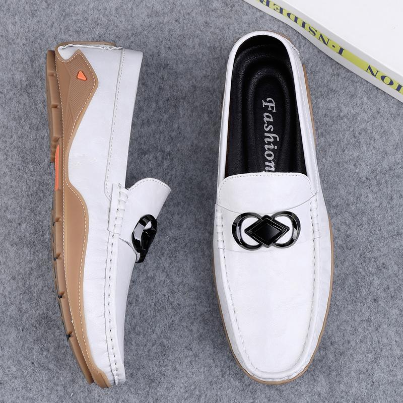 Metal Buckle Loafers Genuine Leather Men's Slip On Flats Comfortable Man Casual Shoes Business Male Driving Footwear Moccasins