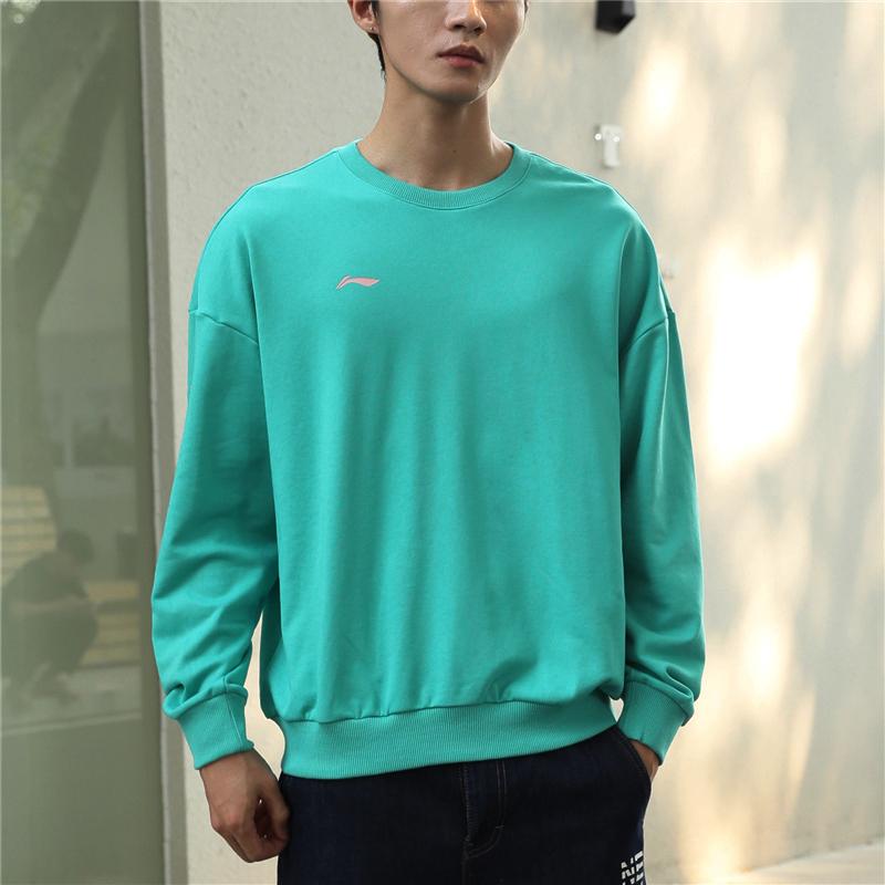 Li Ning Color Block Logo Print Round Neck Long Sleeve Sweatshirt Men sweatshirt Aqua-Green AWDRF73-4