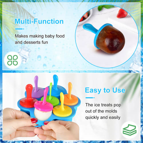 2-Pack Popsicle Molds, Silicone Mini Ice Pop Molds with Colorful Popsicle Sticks, BPA-Free Food Storage Containers, and 7 Round Ice Cube Trays