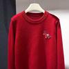 Women's European-Style 100% Pure Wool Red Sweater, Small Horse Embroidery, Round Neck, Loose Fit, New Year Knitted Pullover