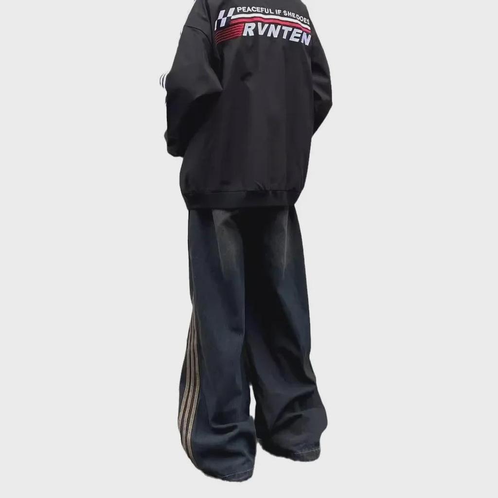 Sonbahar/Kış Çizgili Pileli Bol Günlük Pantolon: Retro Amerikan Sokak Stili Kot Pantolon