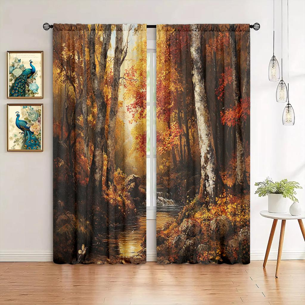 2pcs Birch Forest Oil Painting Printed Curtain for Home Decor - Rod Pocket Window Treatment for Bedroom, Office, Kitchen