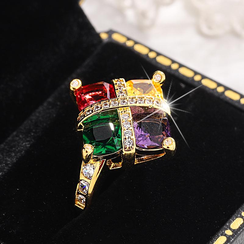 18K Gold Colorful Amethyst Topaz Emerald Ruby Full Diamond Ring For Women Engagement Party Gift Jewelry