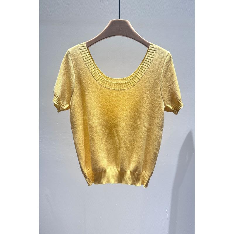 Women's Summer Thin Knitted Top, Slim Fit Short Sleeve Crew Neck T-Shirt