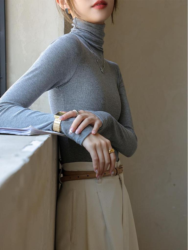 Q-Select Women's Thick Modal Ribbed Turtleneck Slim Long Sleeve Tee for Fall/Winter