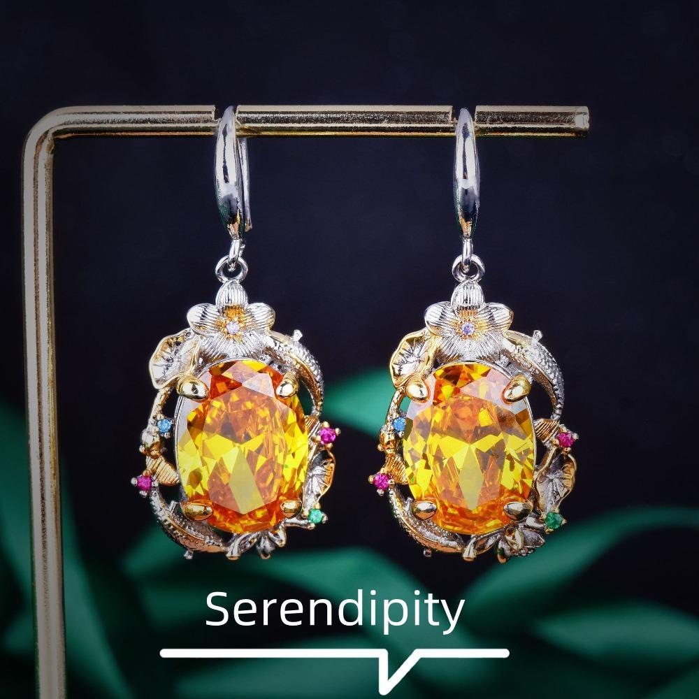 Vintage Royal Style Double Fish Lotus Jewelry Set with Yellow Diamond Lotus Leaf Pendant Earrings Open Ring