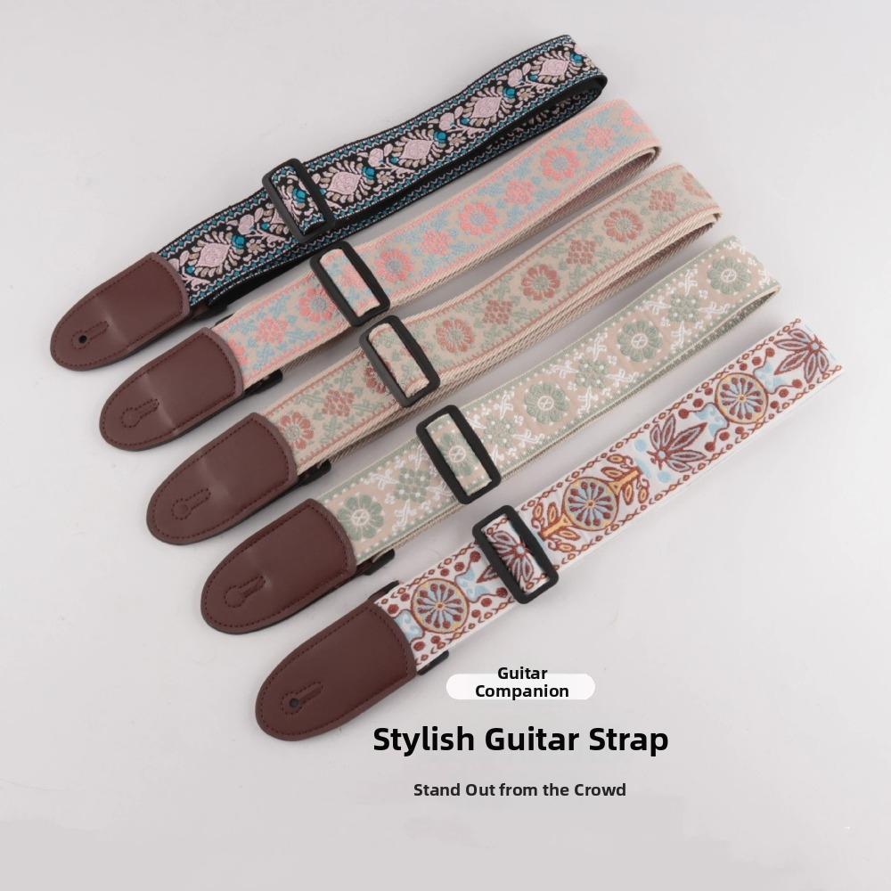 Leather Guitar Strap Embroidery Adjustable Neck Strap Durable Bass Strap for Bass Guitar