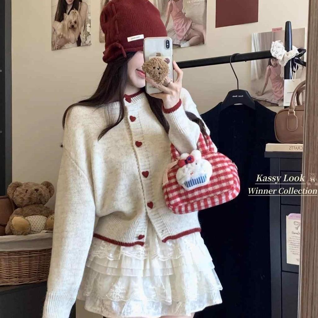 Color Matching Love Button Long-sleeved Sweater Women's 1116 Spring and Autumn New Korean Loose Design Sense Niche Short Cardigan