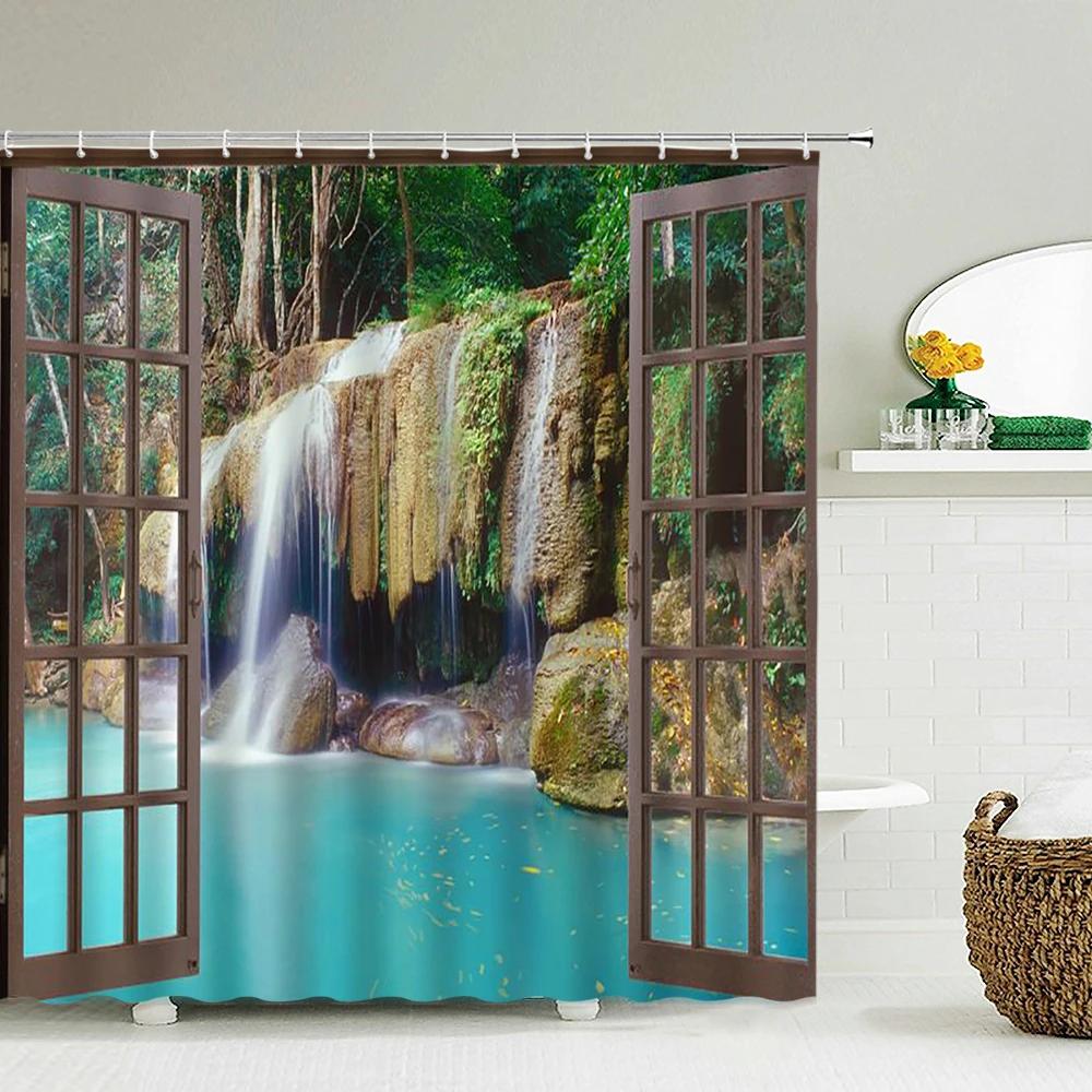 Scenery Outside the Window Shower Curtain 3D Printing Forest Garden Waterproof Fabric Bathroom Curtains Bath Screen with Hook