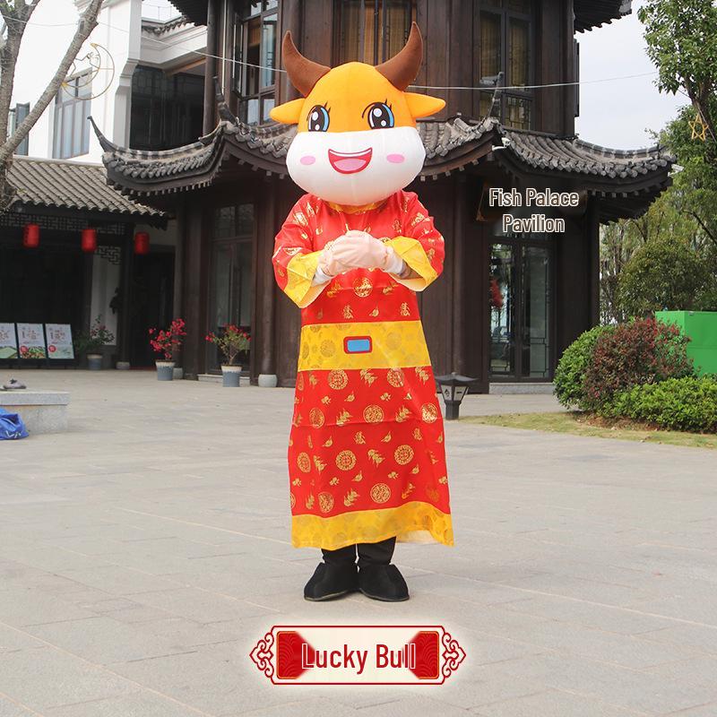 

Новогодний костюм талисмана мультяшного Бога Богатства Счастливого Быка для взрослых One Size