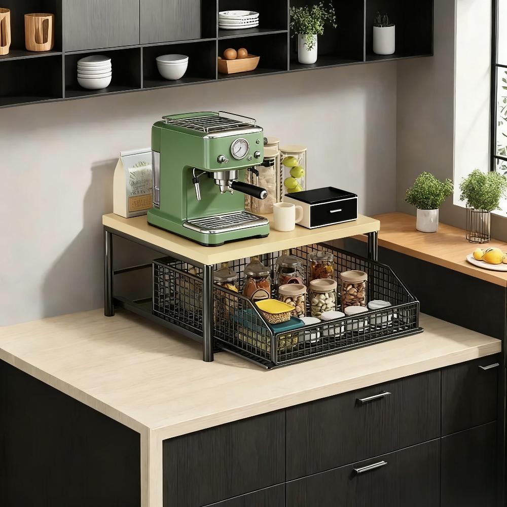 Space-Saving Under Cabinet Coffee Maker Organizer Kitchen Countertop Racks with Drawer Wire Basket Coffee Machine Storage Shelf